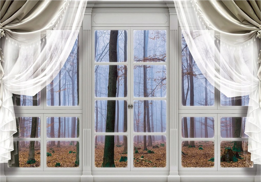 Fotótapéta Erdő az ablakon köd levelek nyugalom ősz 368x254 vinil +ragasztó