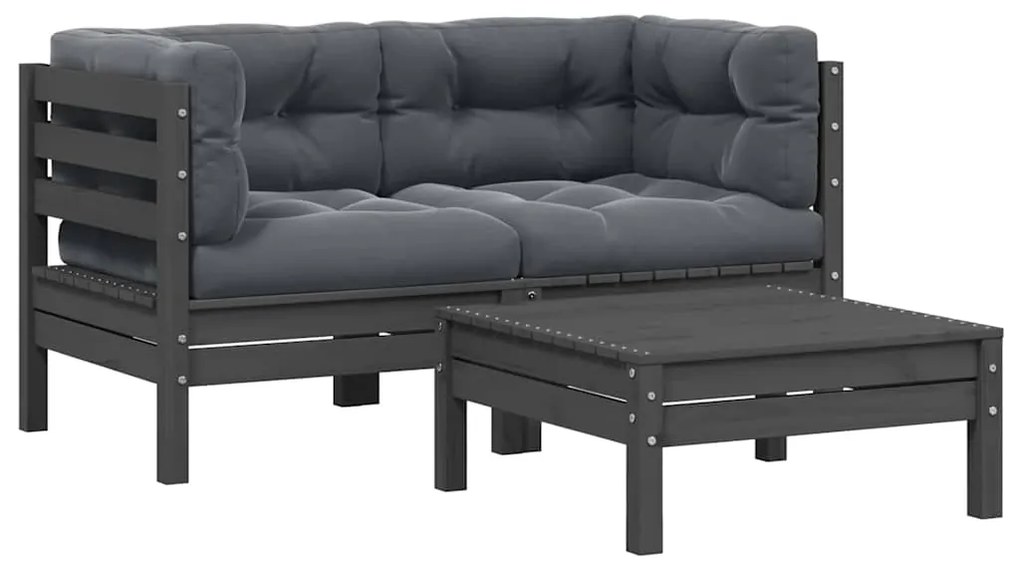 vidaXL 3 részes szürke tömör fenyőfa kerti ülőgarnitúra párnákkal