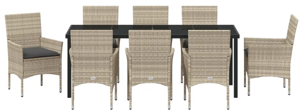 9 Részes Kerti Étkezőszett Párnákkal, Világosszürke Poli Rattan, Kerti Asztal, Fekete 200x80x73 cm, Edzett Üveggel