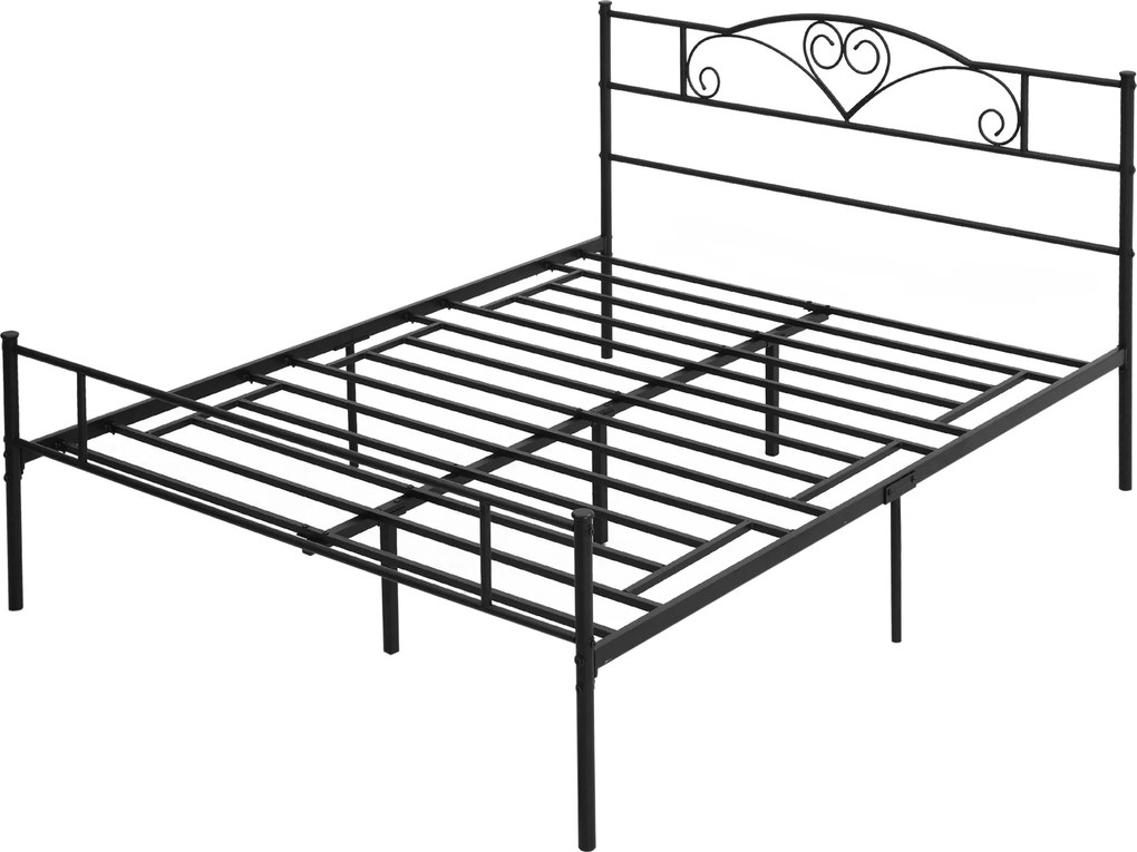 HOMCOM Acél Franciaágykeret 160x200cm Beépített Rácsokkal, Fejtámla és Lábvéggel, Ágy Alatti Tárolóval, Fekete | Aosom