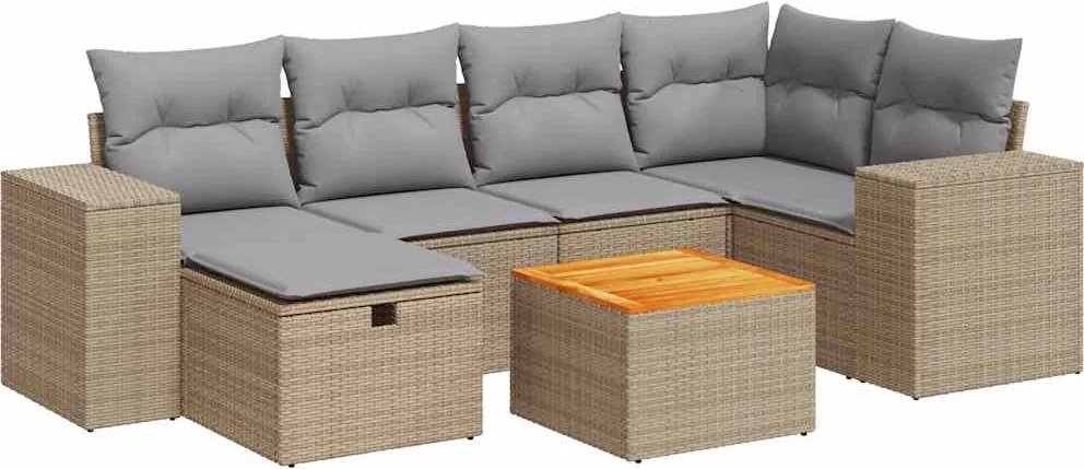 vidaXL 7 részes bézs polyrattan kerti ülőgarnitúra párnákkal