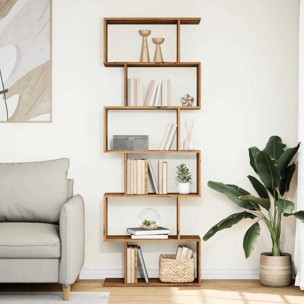 6 szintes kézműves tölgy fa elválasztó könyvespolc 70x24x193 cm