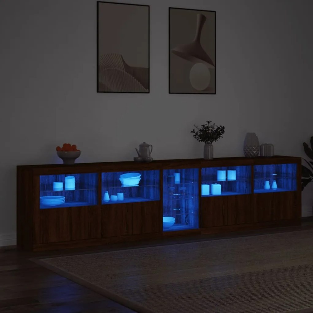 barna tölgy színű tálalószekrény LED-ekkel 283x37x67 cm