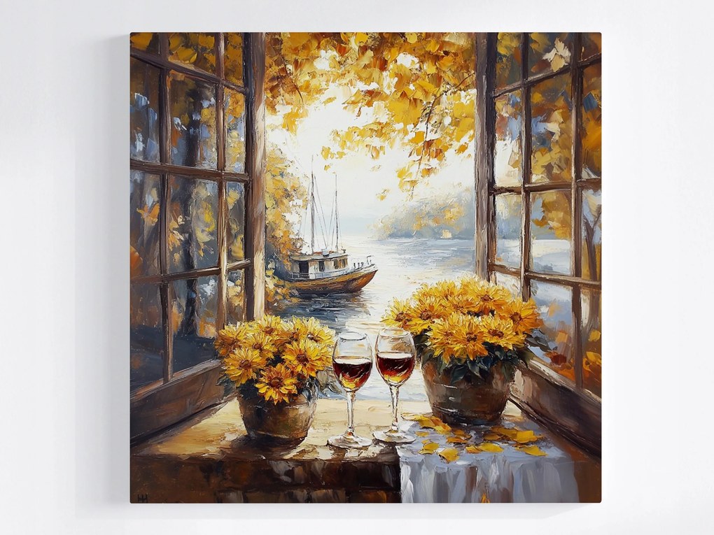 Poszter Ablak Ősz Hajó Bor Virágok Krizantém 40x40