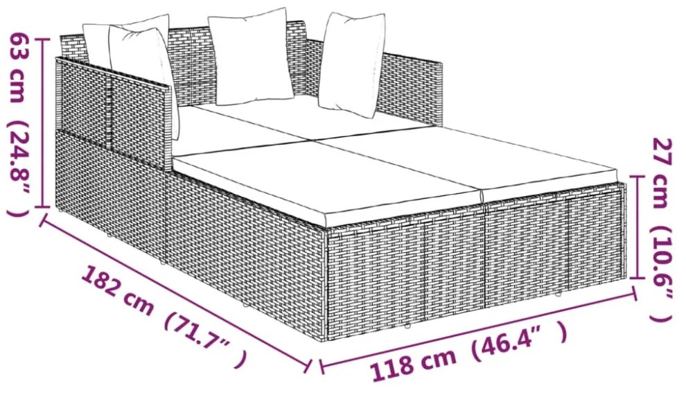 fekete polyrattan napozóágy párnával 182 x 118 x 63 cm
