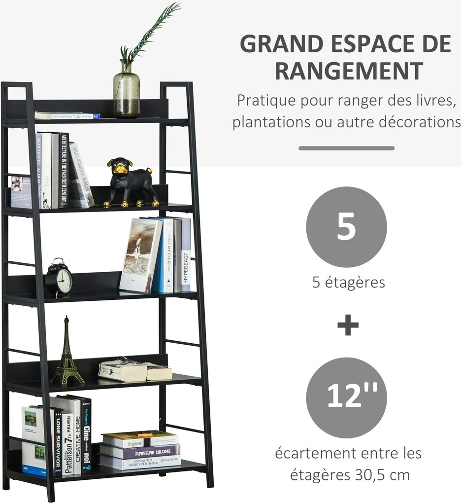 HOMCOM Ipari Stílusú Fali Könyvespolc 5-Szintes Tároló 70 x 35 x 150 cm Fekete | Aosom