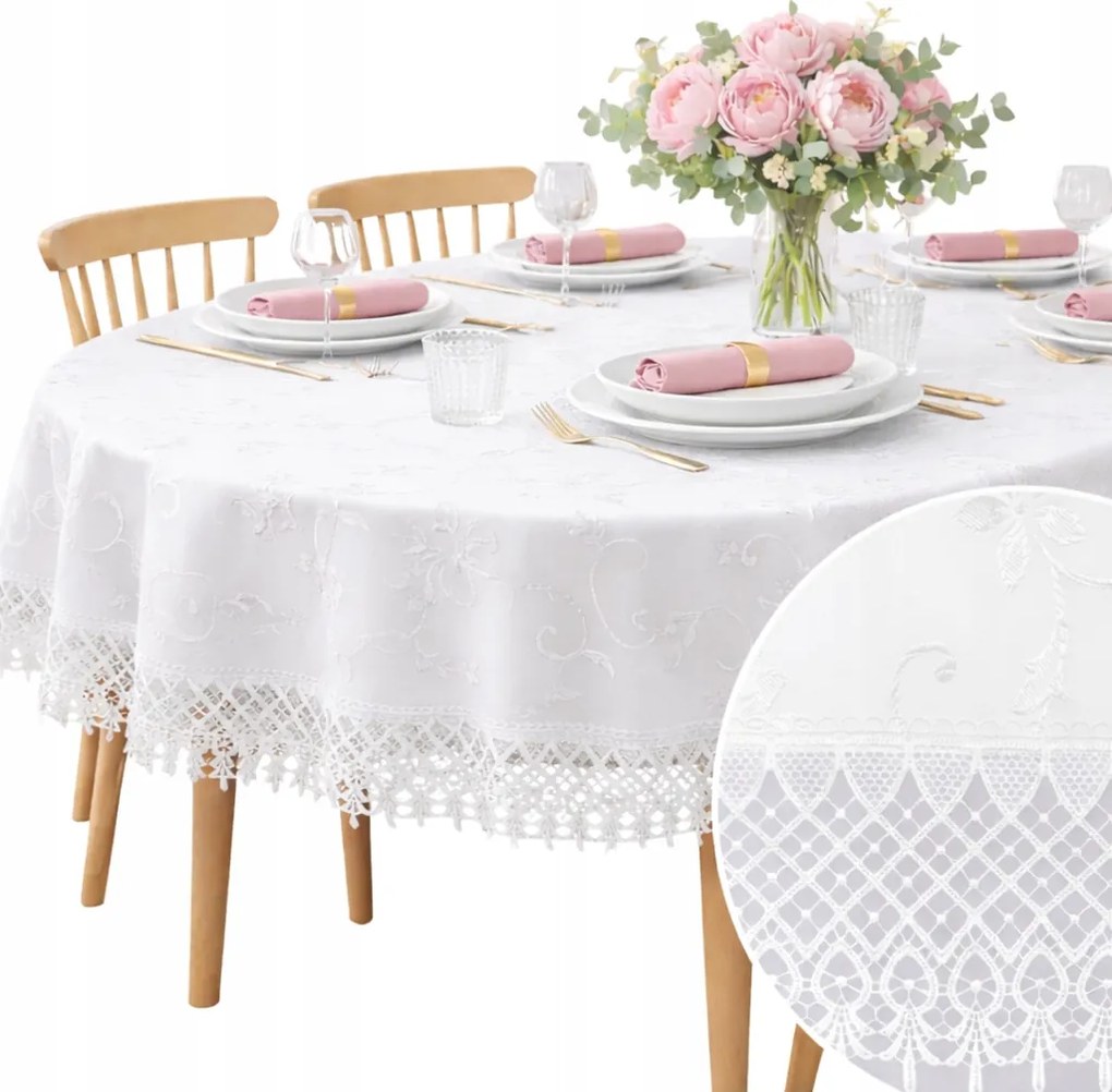 Abrosz Ovális Húsvéti Asztalra Fehér Sima, csipkés 150X260