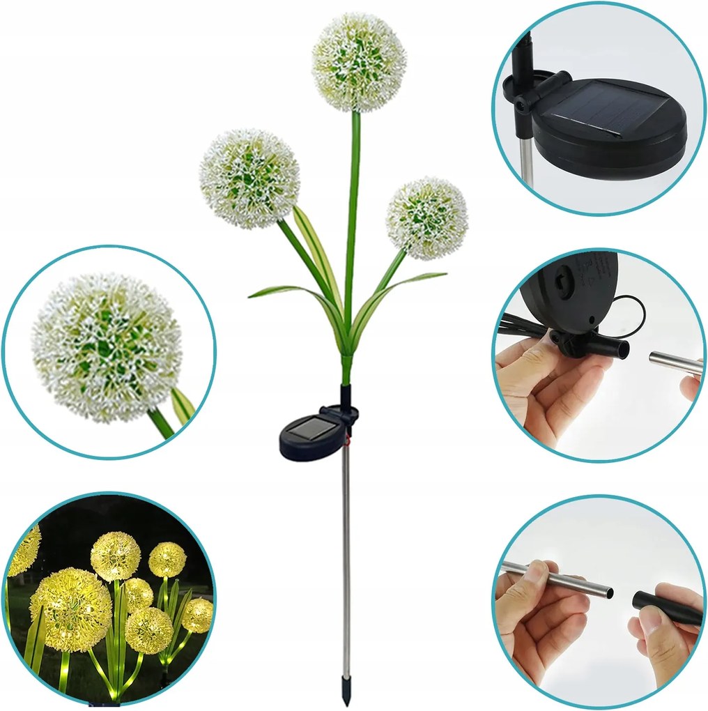 LED-es napelemes lámpa földbe szúrható művirág megvilágított fehér fokhagyma