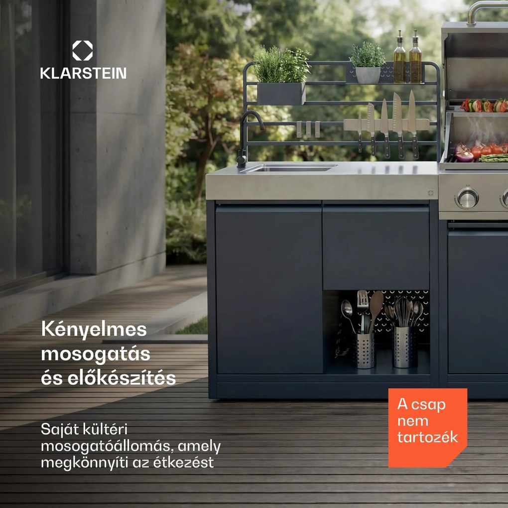 Klarstein WaldChef kültéri konyha | Mosogató alsószekrénnyel | Rozsdamentes acél mosogató | Időjárásálló | 90 x 135 cm