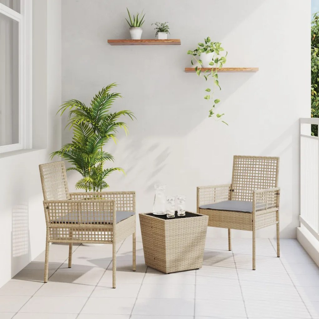 3 darabos Kerti Bistro Szett párnákkal Bézs Poly Rattan