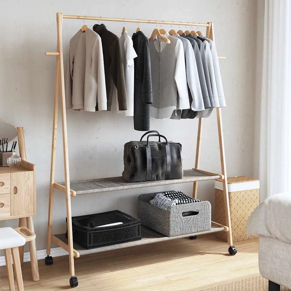 bambusz ruhaállvány polcokkal és kerekekkel 132x45,5x155,5 cm