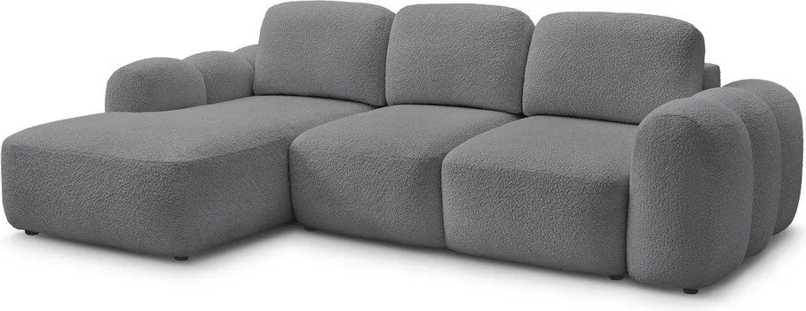 Szürke buklé kinyitható-tárolóhelyes sarokkanapé (bal oldali-heverő résszel) Montaigne – Bobochic Paris