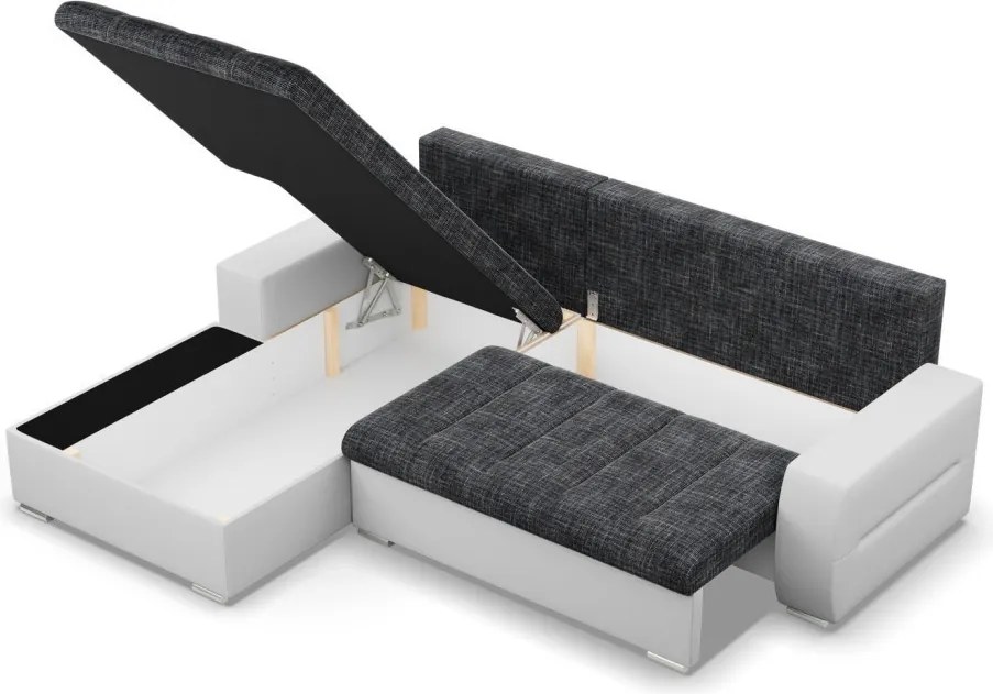 Toronto sarokkanapé, 2 ágyneműtartóval, fonott + műbőr, baloldali, sötétszürke - fehér