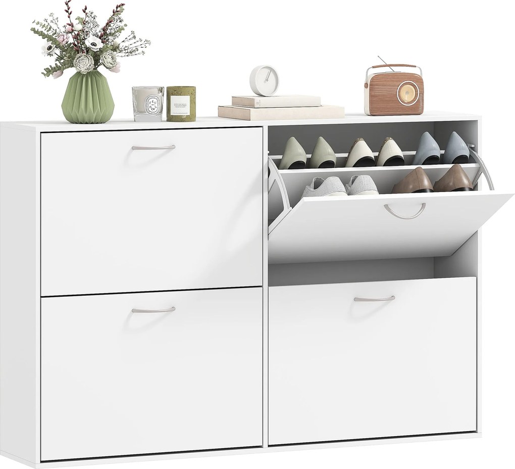 HOMCOM Fehér Cipőszekrény Modern Cipő Szervező 4 Lehajtható Fiókkal és Állítható Polcokkal 16-24 Páros Cipőhöz Előszobába 120x24x81 cm | Aosom