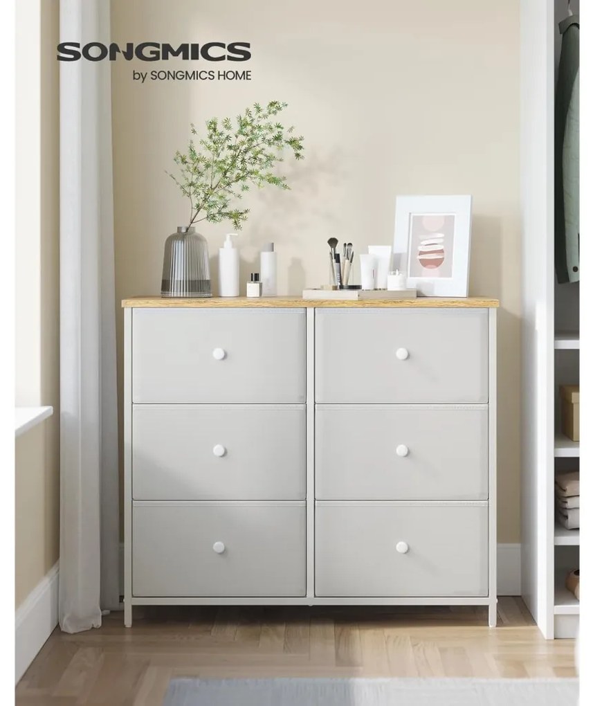 Tároló szekrény hat fiókkal, ruhás szekrény, fehér és tölgy 80x30x85cm