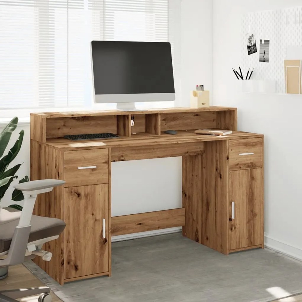kézműves tölgy színű szerelt fa LED-es íróasztal 140x55x91 cm