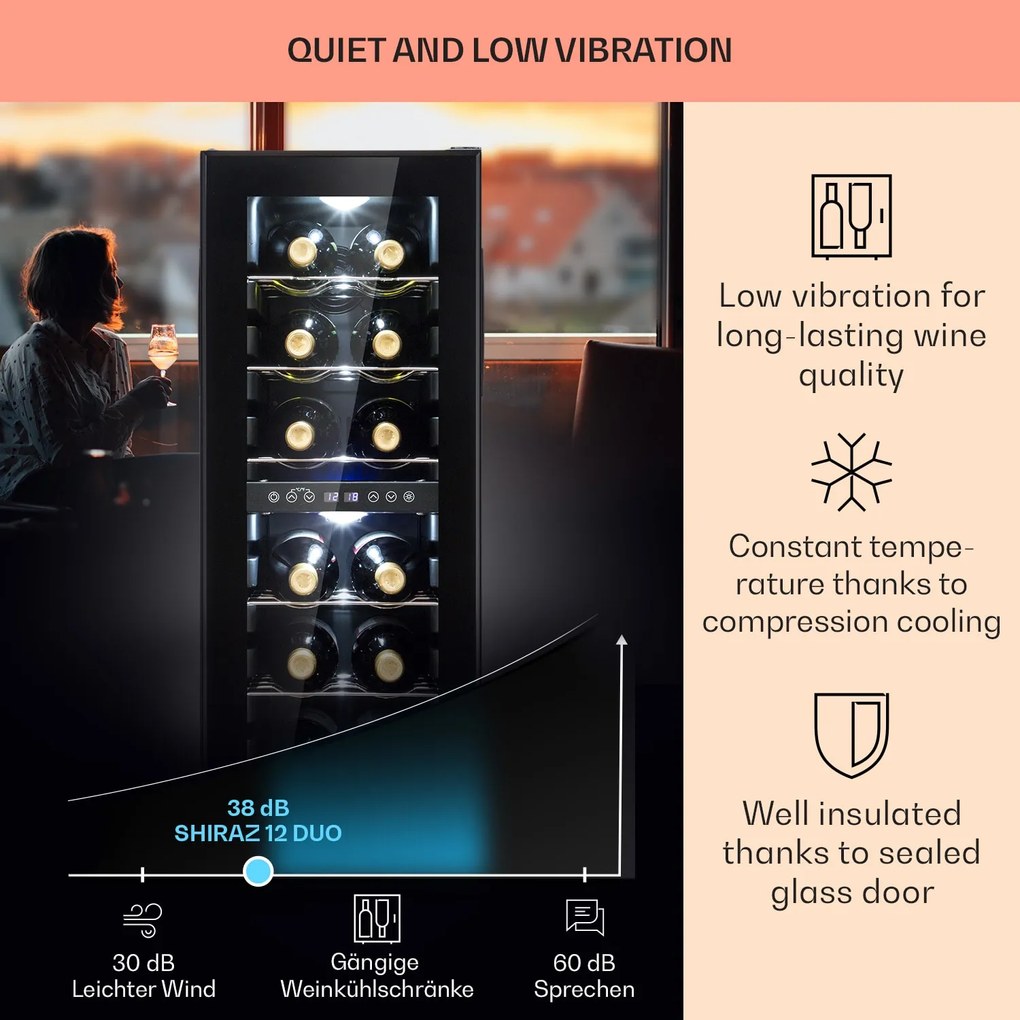 Klarstein Shiraz 12 Duo borhűtő, 42 liter, 12 palack, 2 zóna, 5-12 / 12-18 °C, érintős