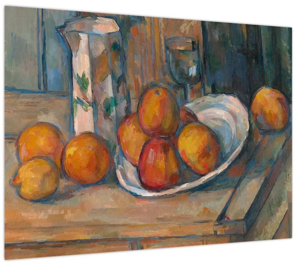 Üveg kép - Paul Cézanne, Still Life with Milk Jug and Fruit, reprodukciók (70x50 cm)