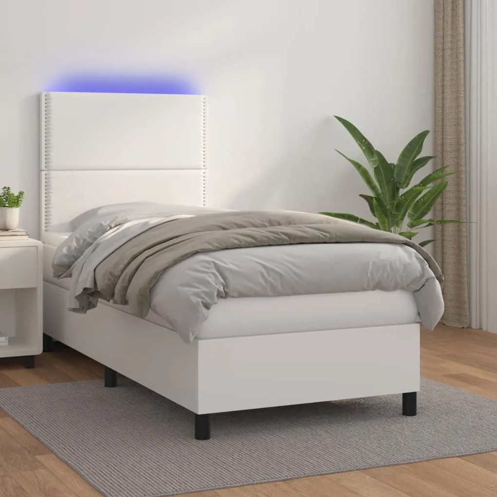 fehér műbőr rugós ágy matraccal és LED-del 100x200 cm