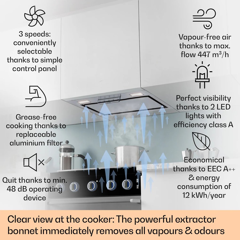 Klarstein Camila beépíthető 52 cm-es, 397 m³/ó LED Touch rozsdamentes acél páraelszívó