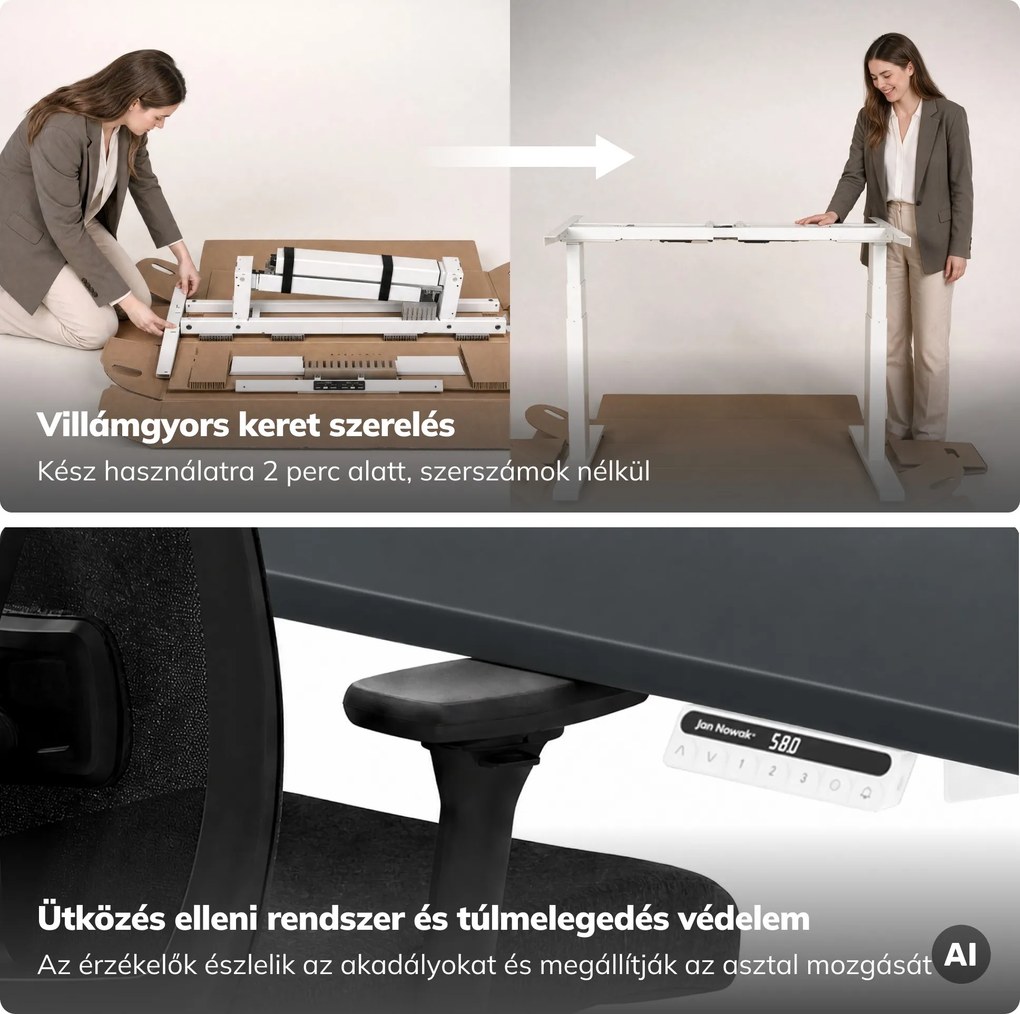 Elektromos, állítható magasságú, ergonomikus, fehér-antracit íróasztal,1200x600 mm: ARIA