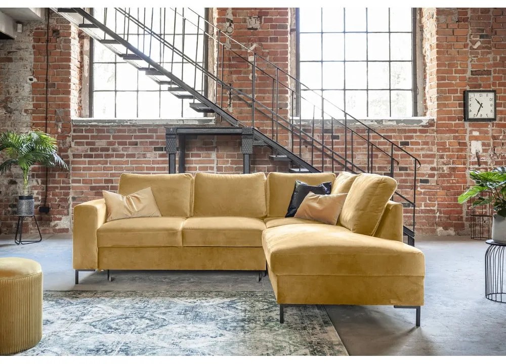 Sárga bársony kinyitható sarokkanapé (jobb oldali) Lofty Lilly – Miuform