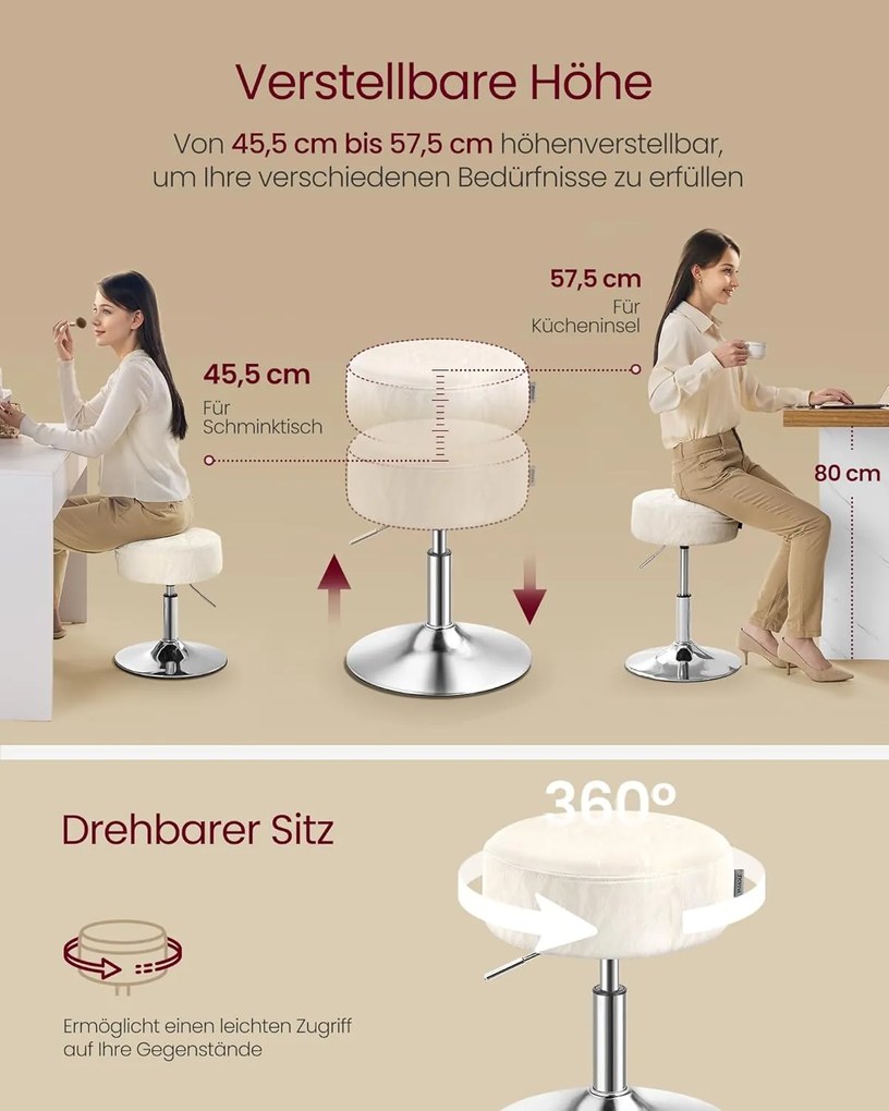 VASAGLE sminkszék, bárszék, magasságállítható, 360°-ban forgatható, krémfehér