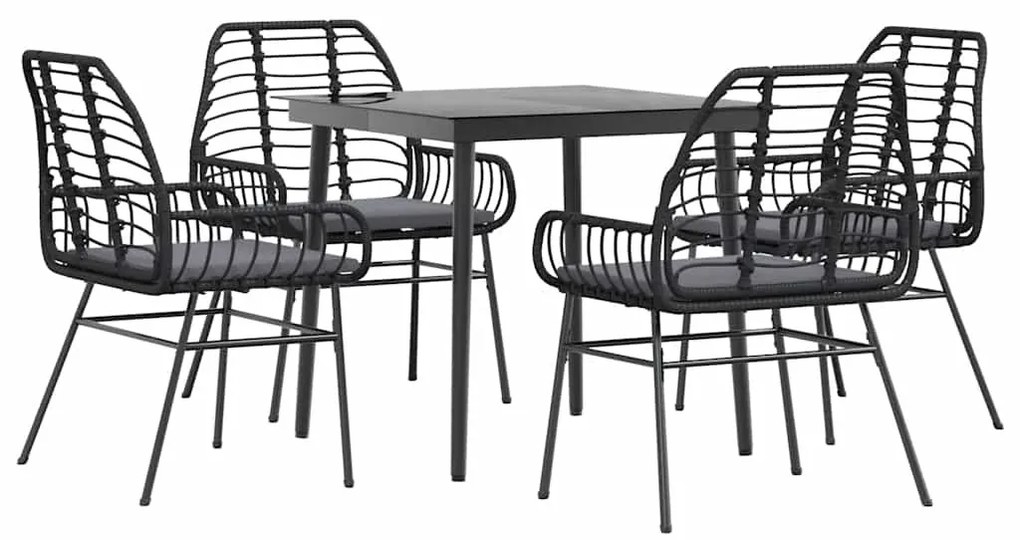 5 részes fekete polyrattan üveg kerti étkezőgarnitúra párnákkal