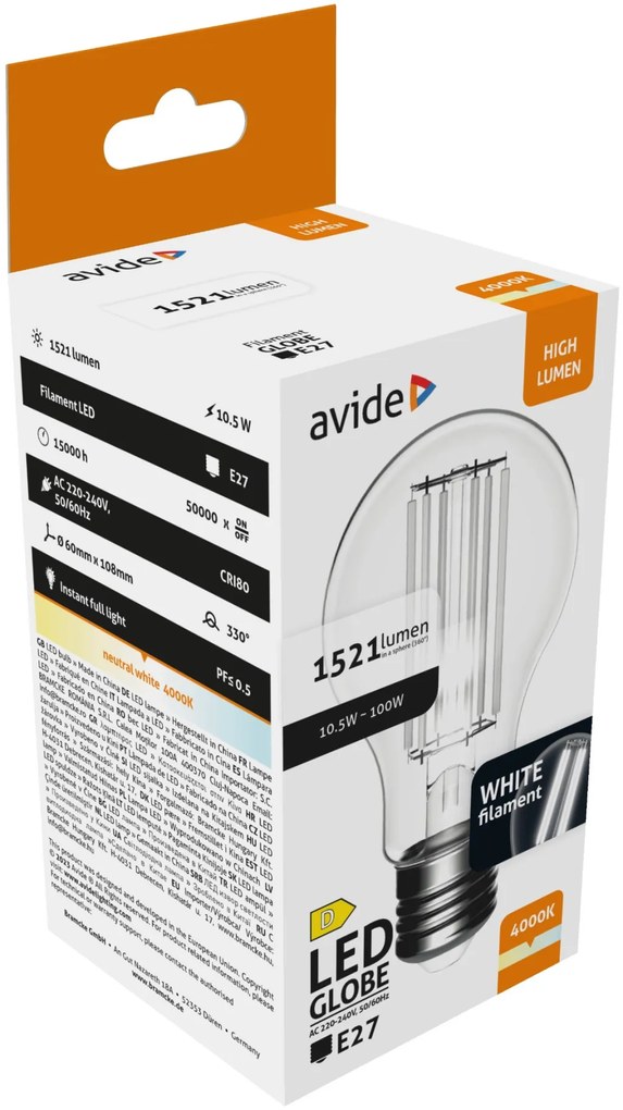 Avide LED White Filament Globe 10.5W E27 NW 4000K