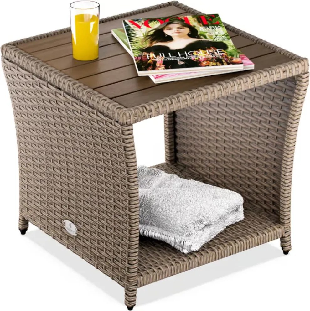 ROCCO polyrattan oldalasztal akácfával, 40x45x45cm, krémszínű Casaria
