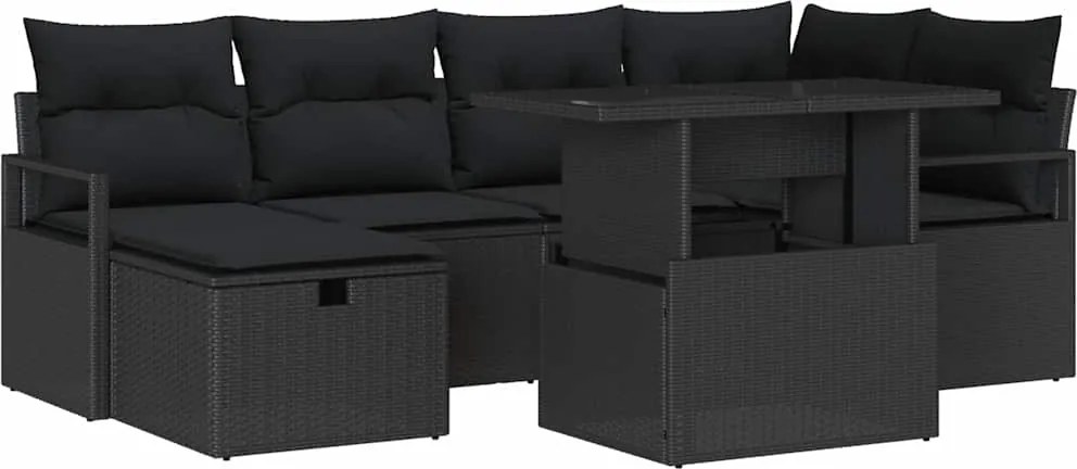 vidaXL Kerti Kanapé Szett párnával tárolóval 7 pcs Fekete Poli rattan