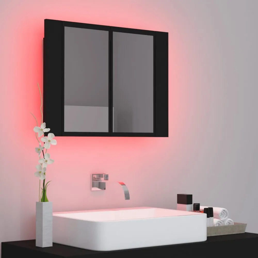fekete akril LED-es fürdőszobaszekrény tükörrel 60x12x45 cm