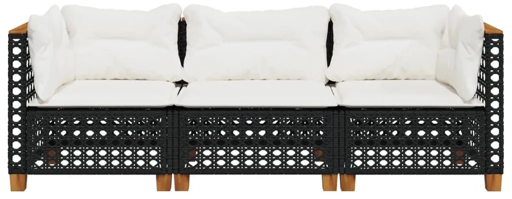 Fekete 3 személyes polyrattan kerti kanapé párnákkal