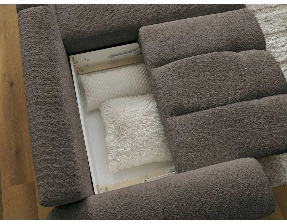 Barna buklé kinyitható-tárolóhelyes sarokkanapé (jobb oldali-heverő résszel) Roxelane – Bobochic Paris