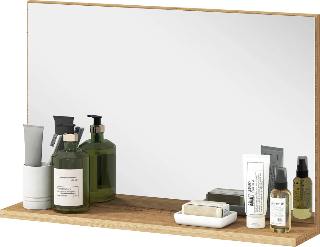 Kleankin Fali Fürdőszoba Tükör Polccal, Modern, Többcélú Tükör Fürdőszobába, Hálószobába és Előszobába, 60x12x40 cm, Fa | Aosom