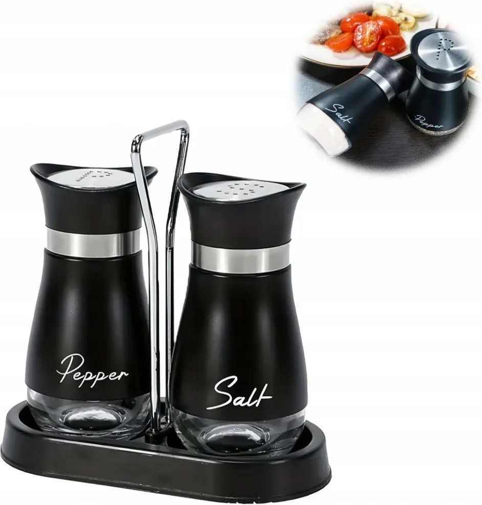 Só- és borsszóró szett só- és borsszóró állvánnyal, matt fekete