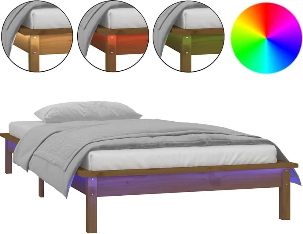vidaXL egyszemélyes mézbarna tömör fa LED-es ágykeret 90 x 190 cm