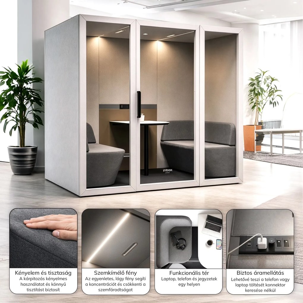 INBOX akusztikai irodai fülke 4 személyes, 2100 × 2200 × 1220 mm