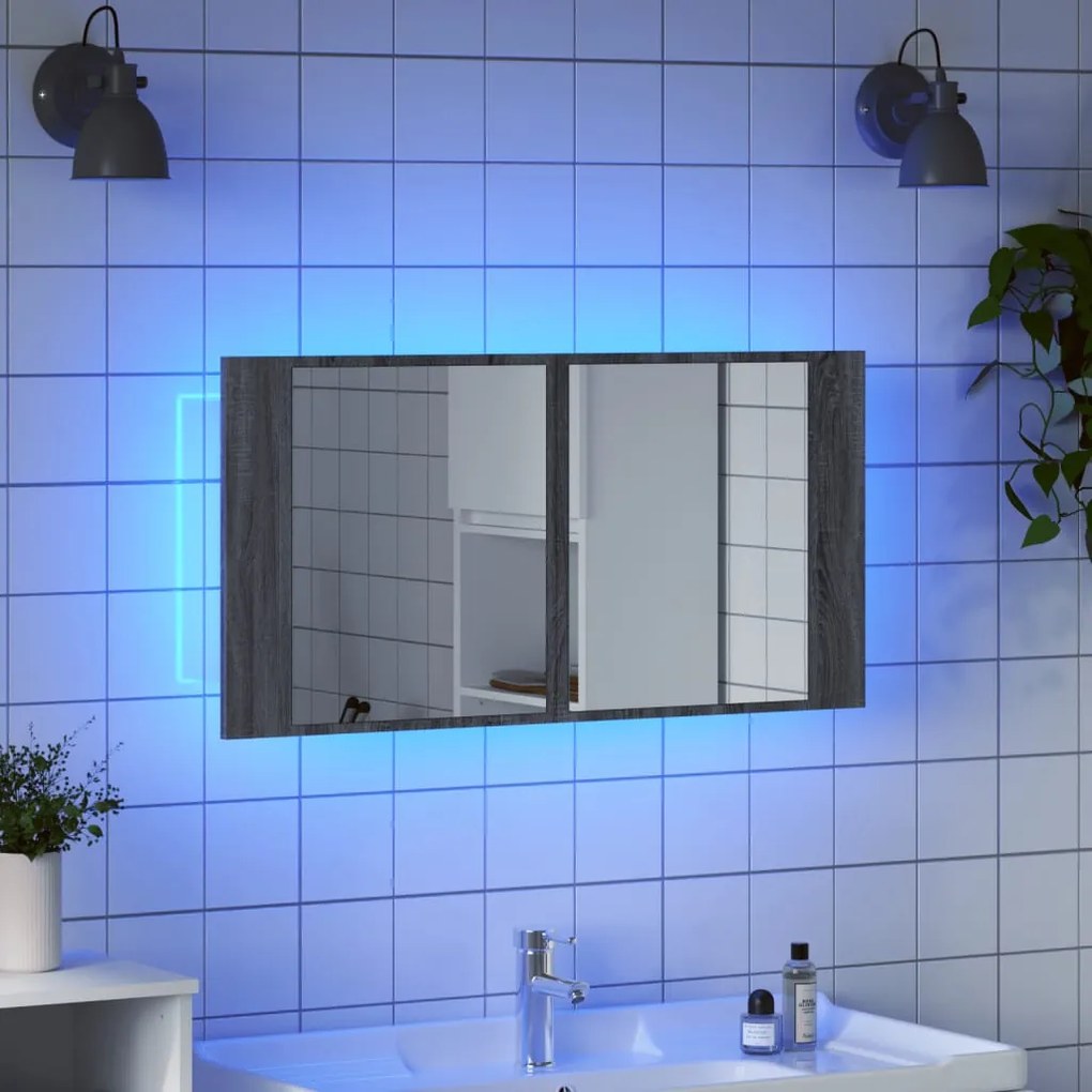 szürke sonoma akril LED-es tükrös fürdőszobaszekrény 90x12x45cm