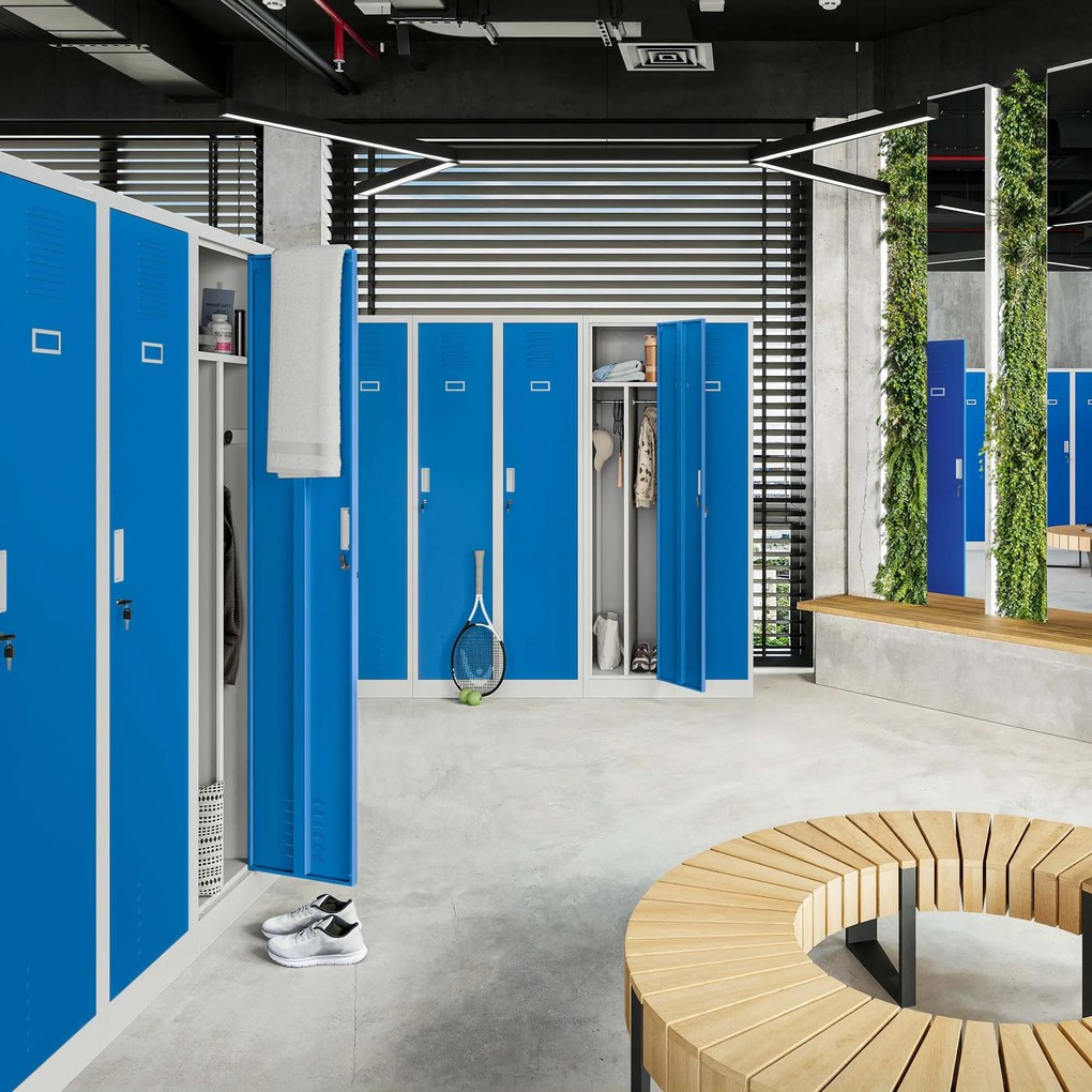 Pléh öltözőszekrény talpazaton, kétmodulos, polccal és köztes fallal KACPER, 800 x 1800 x 500 mm, szürke-kék