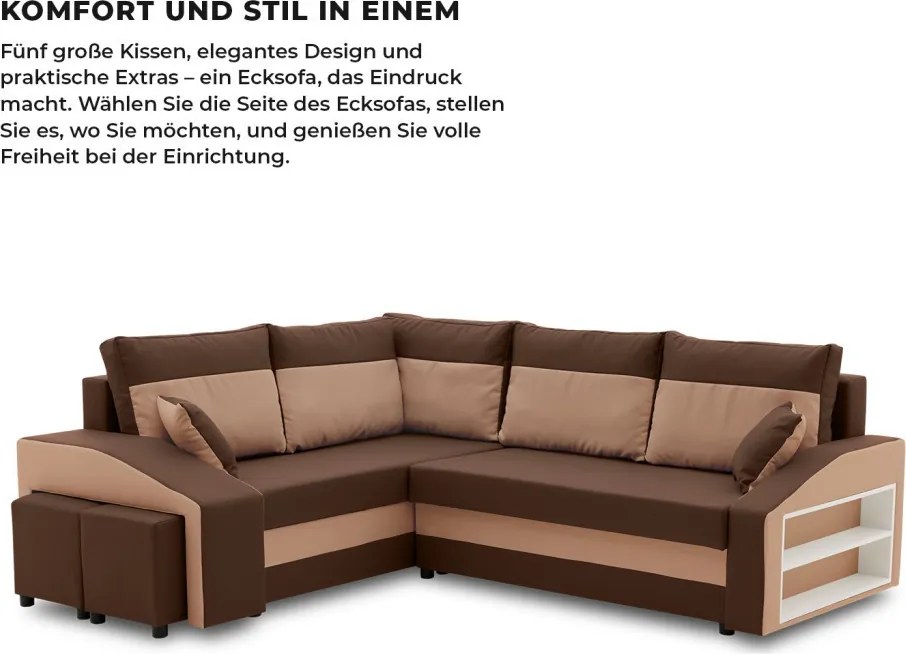 Grande sarokkanapé polcokkal és puffokkal , polc a jobb karfaban puffok a bal karfaban, baloldali, szövet anyag, hab töltet, barna