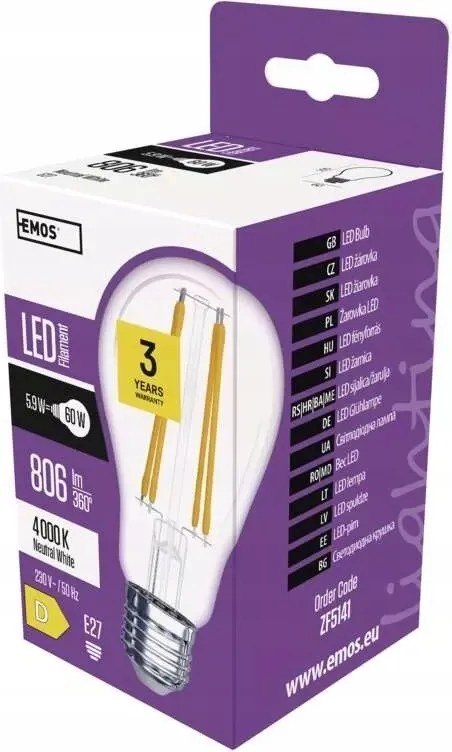 Led filament izzó 5.9W-60W E27 semleges Emos