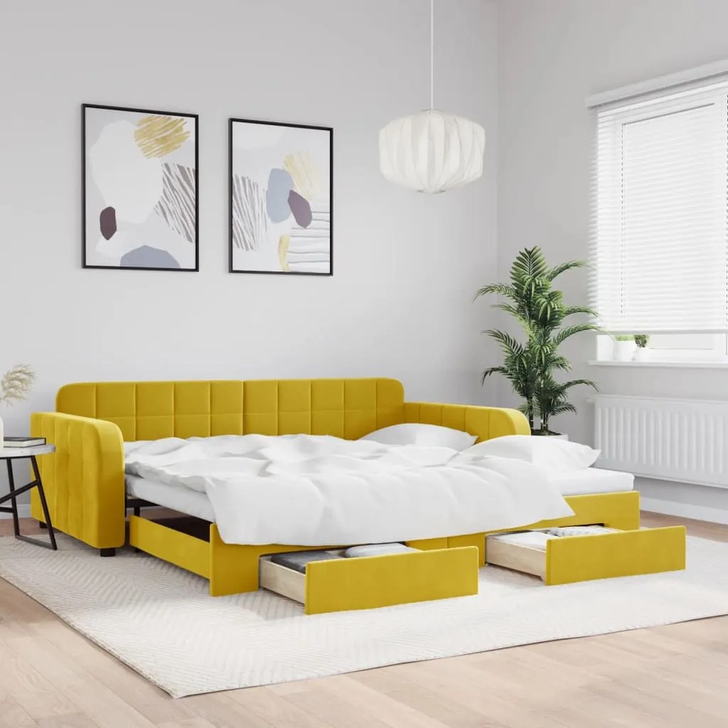 sárga kihúzható bársony heverő fiókkal 100 x 200 cm