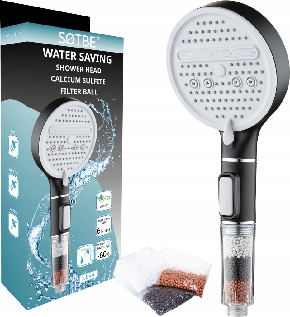 Zuhanyfej zuhanyfej ionizációs szűrővel takarékos fekete 6l/perc -60% víz