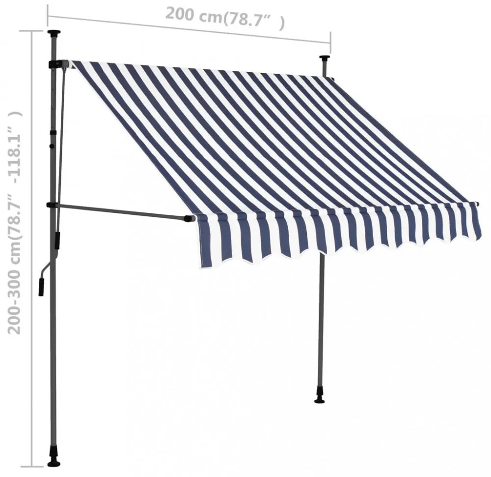 kék és fehér kézzel kihúzható LED-es napellenző 200 cm