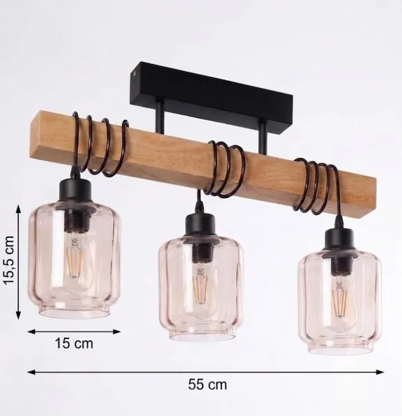 BRILAGI - Felületre szerelt csillár WOOD GLASS 3xE27/60W/230V fenyő/fekete/füstös bézs