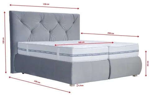 Boxspring ágy ELEN 160x200 cm szürke matraccal és topperrel