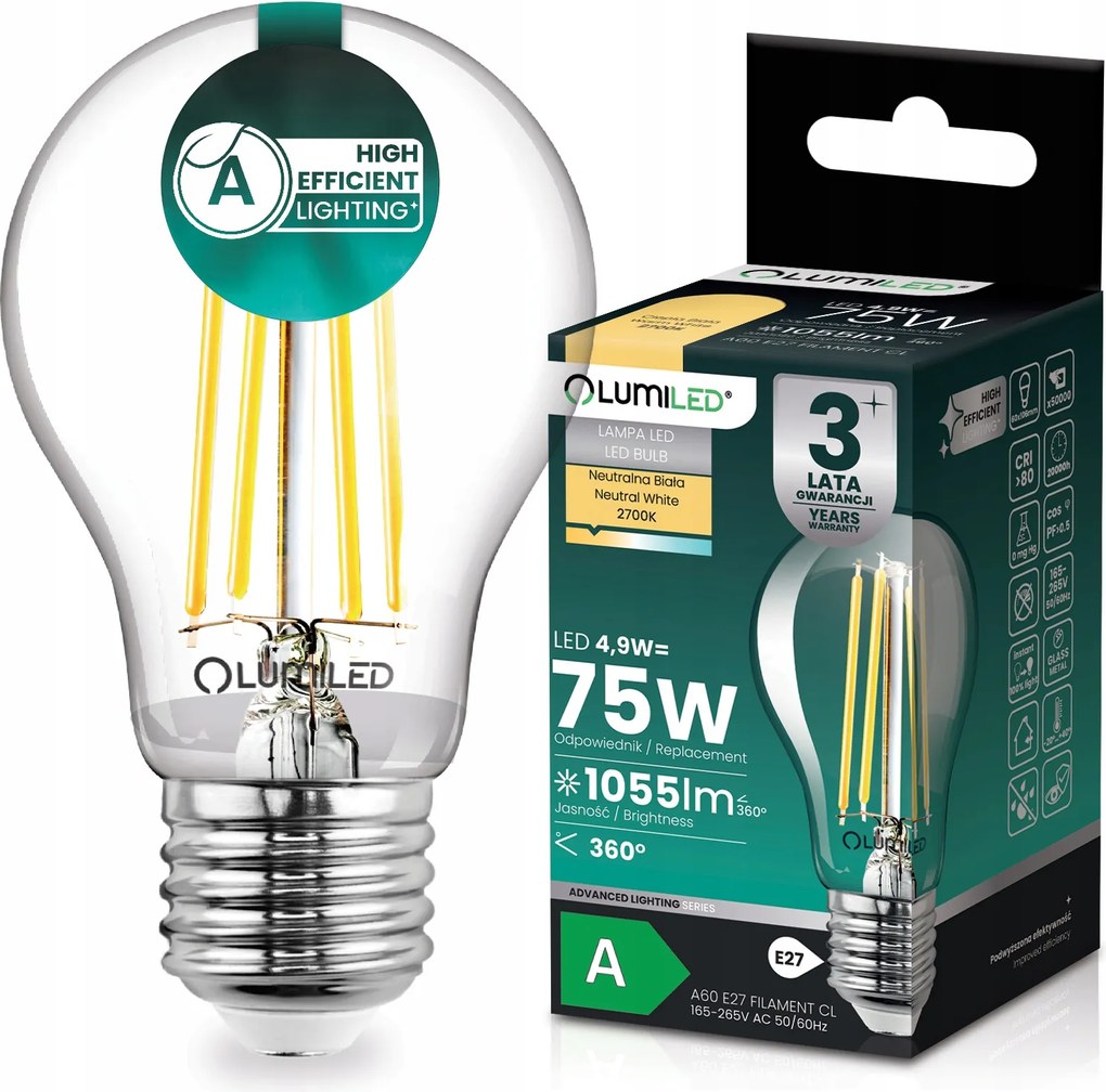 Led izzó E27 Filament A osztály 4,9W 1055LM 75W 2700K 360° Lumiled