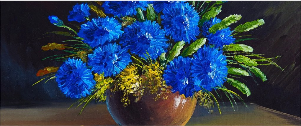 Kék virágok képe egy vázában (120x50 cm)