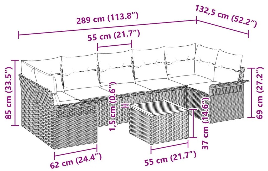 8 részes kerti kanapészett párnákkal Bézs Poli Rattan Akácia